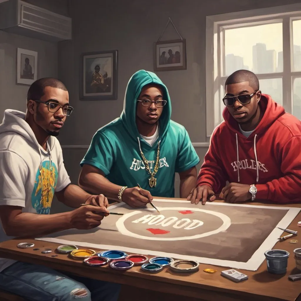 Prompt: Create a painting that says "Hood Hustlers" fora game that I'm making