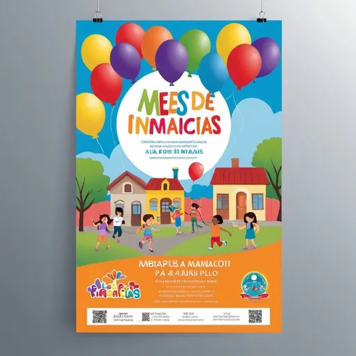 Prompt:  "Create a colorful and vibrant A4-sized backraund for 'Mes de las Infancias' (Children's Month) in a neighborhood in Paraná, Argentina, without text. The flyer should be visually appealing to children and families, bright colors, and friendly imagery, such as balloons, toys, and smiling children. The overall design should convey a sense of community, fun, and celebration, suitable for a local neighborhood event. Leave space for text to be added later, Ensure there is space for the logo of the organizing committee.