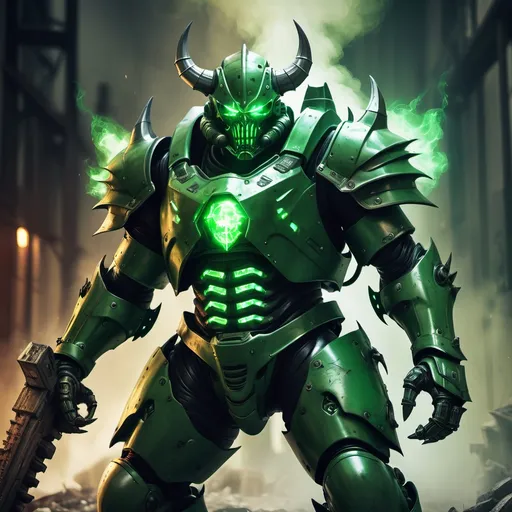 Prompt: Sci-fi Demon Knight with corrupted green energy blazing from power armor 