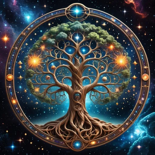 Prompt: Epic Sci-fi universal tree of life in a sea of cosmic stars