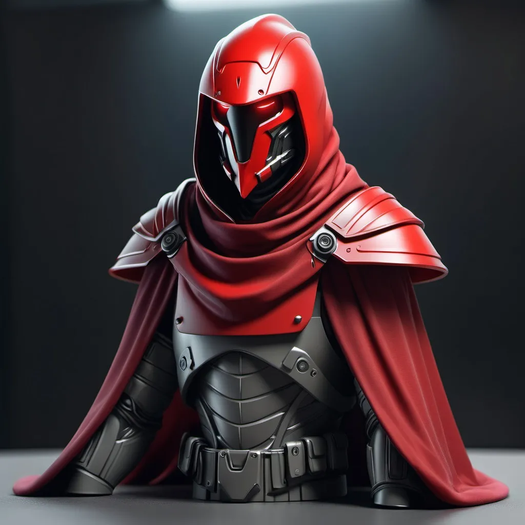 Prompt: Sci-fi soldier with crimson shoulder cape and hood with emotionless face design engraved on helmet 