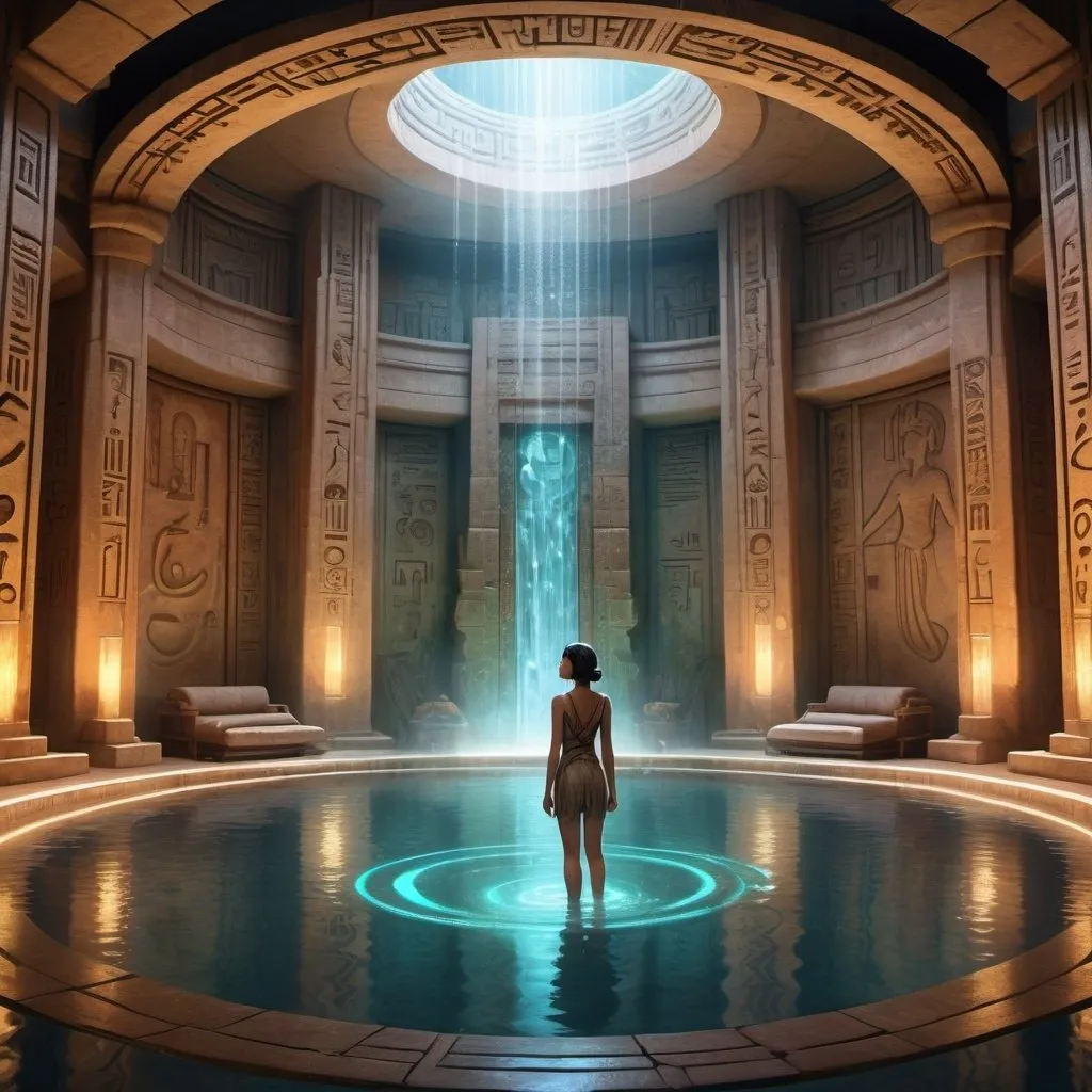 Prompt: Art Deco meets ancient architecture. A circular chamber, walls adorned with glowing hieroglyphs. A central pool of water ripples with cascading light, revealing holographic images of a lost city. Anya, her eyes closed, whispers a forgotten language, as Kai, beside her, watches with a look of intense curiosity.