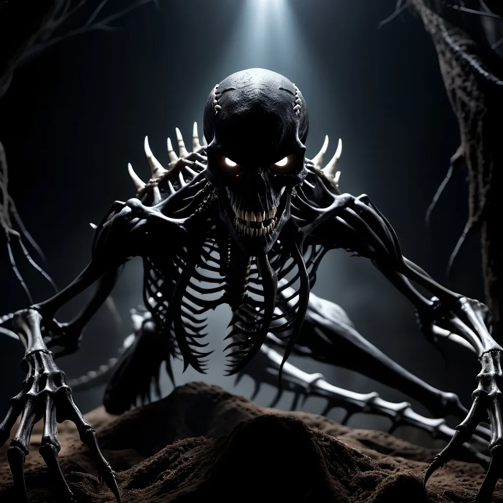 Prompt: An ultra-photorealistic, extremely detailed, high quality, UHD scene.

A terrifying monster with slick, dark skin stretched tight over it's bones. Black eyes, boney frame.  Long claws. 

Dark scene, dim lighting. Spooky, frightening. 

Extreme quality textures. Realistic setting.