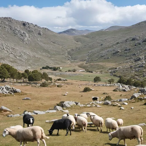 Prompt: a landscape in the mountains de los gredos with sheep and cows