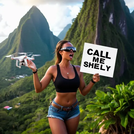 Prompt: a hot woman flying with a quadcopter drone at the pitons holding a sign saying call me Shelly