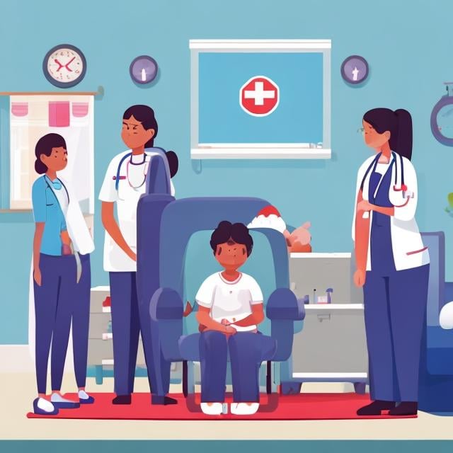 Prompt: A home care service, nurse treating a patient, a doctor standing by caring a medic box, the families of the patient happily watching. The patient receiving treatment is sitting on sofa. This should clearly display the comfort of the patient and the family by being at home