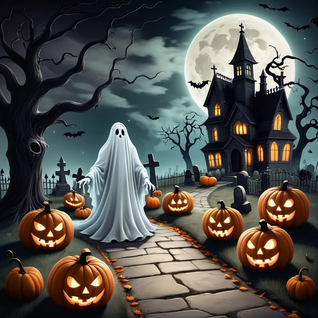 Prompt: a halloween scene with a ghost and pumpkins on a path with a cemetery in the background and a full moon in the sky, Alice Prin, gothic art, horror theme, a storybook illustration