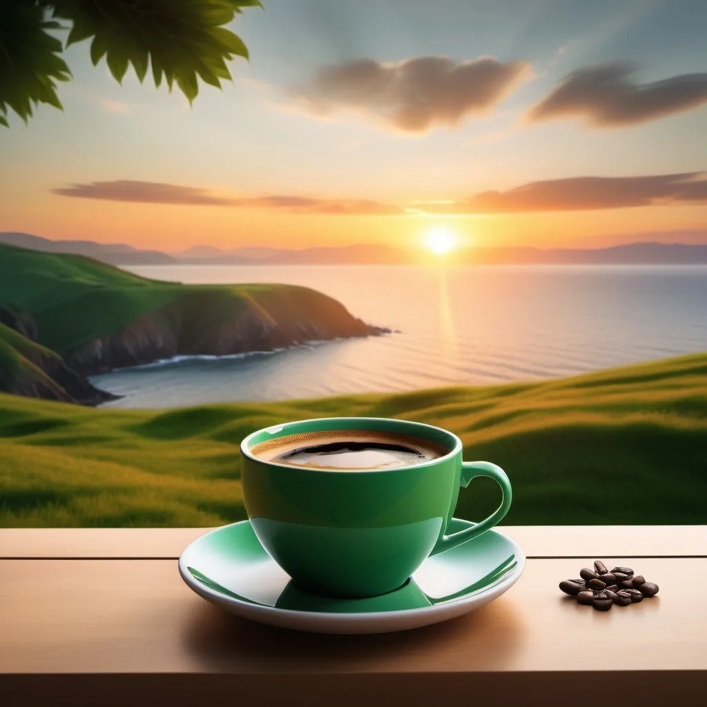 Prompt: create a visual art  with this visual presentation  settings: in the green hill, with a cup of coffee in the small table in front of me with overlooking sunset in the sea.  make it more naturalistic DSLR photo. create 3 designs to choose.




