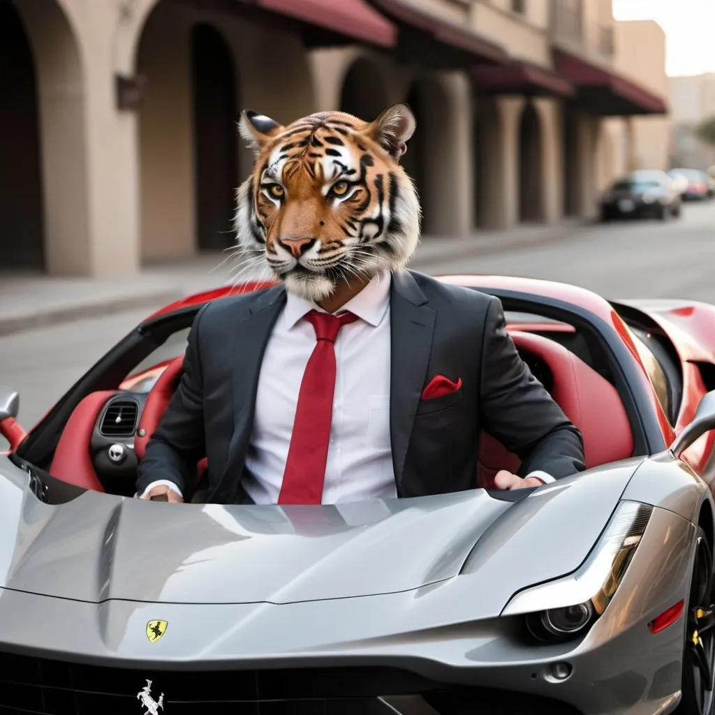 Prompt: hd, rapresent a humanoid tigers with suit and tie driving a ferrari like a human