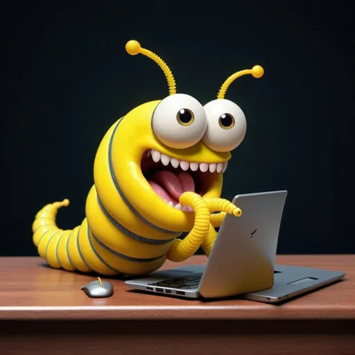 Prompt: A cute happy yellow worm working on pc
