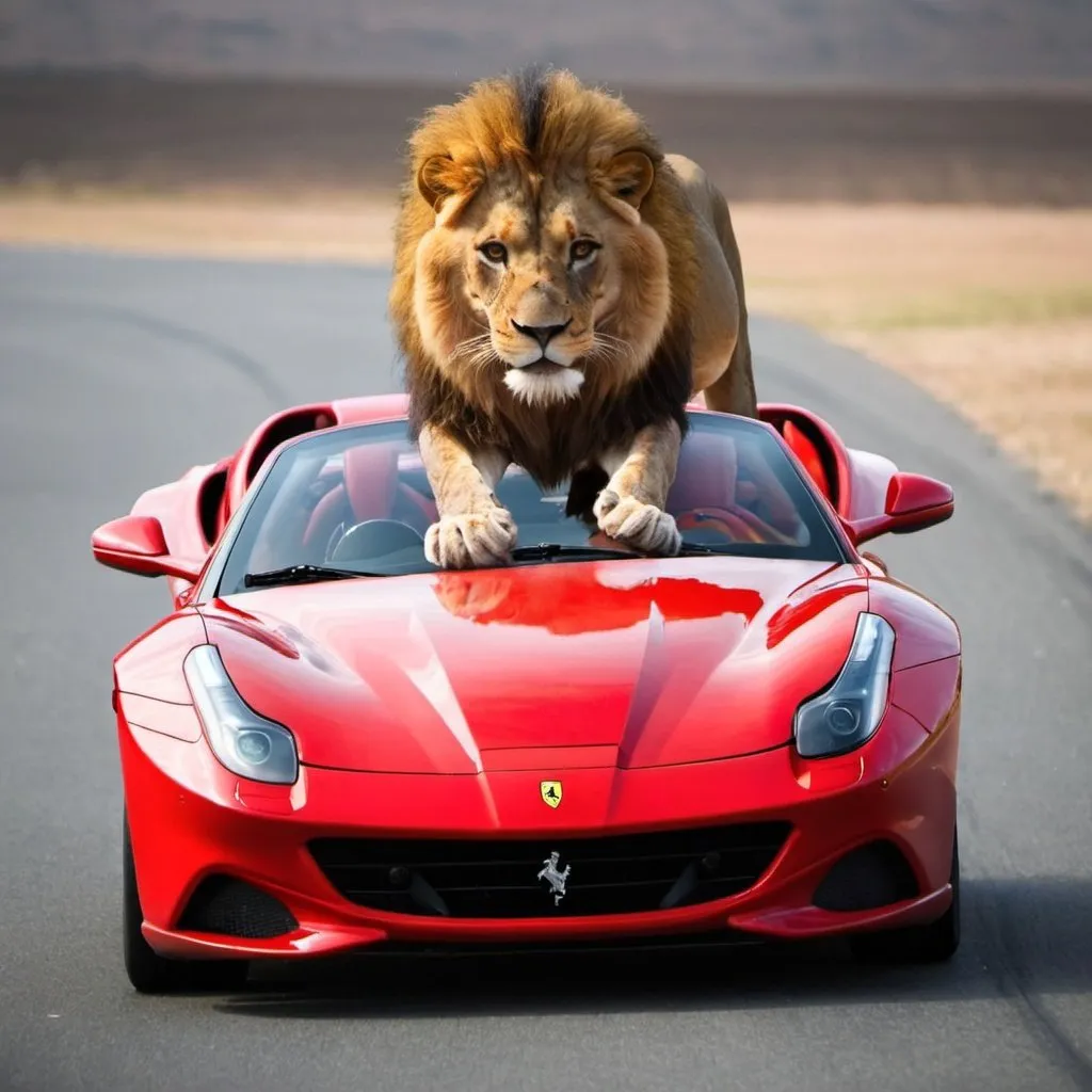 Prompt: lion driving ferrari