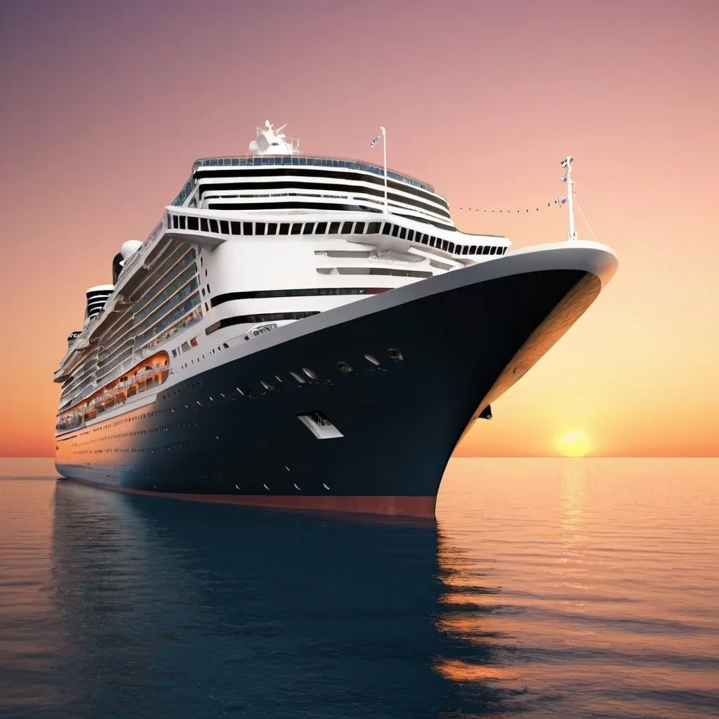 Prompt: gigant cruise ship on sea, sunset background, hd
