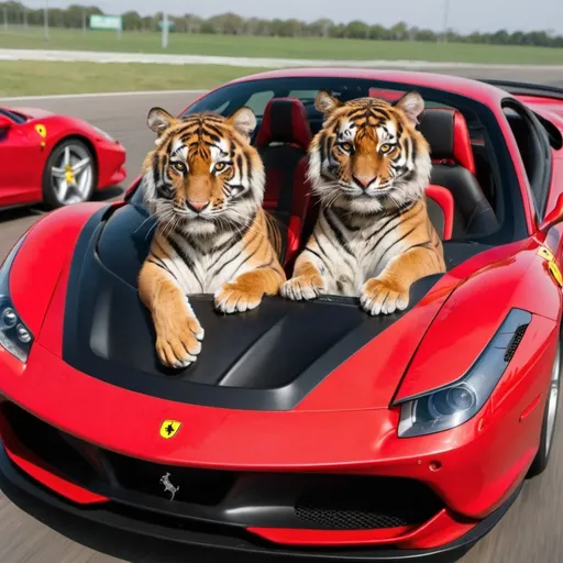 Prompt: tiger sitting in a ferrari car and driving it