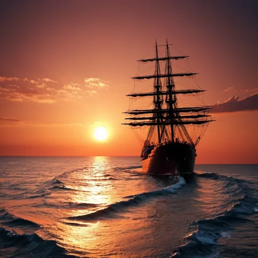 Prompt: ship on sea, sunset background, hd
