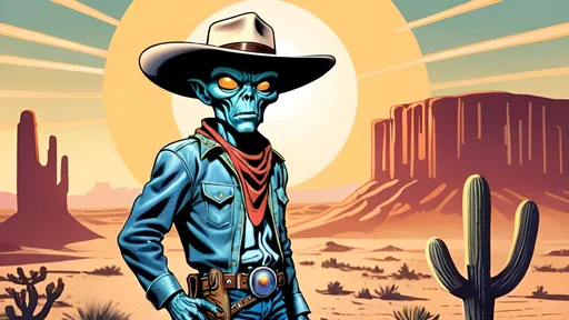 Prompt: An alien in cowboy clothes against a desert backdrop while the sun sets behind him, in the style of Jack Kirby and Wally Wood, 1940s vintage comic, faded colors