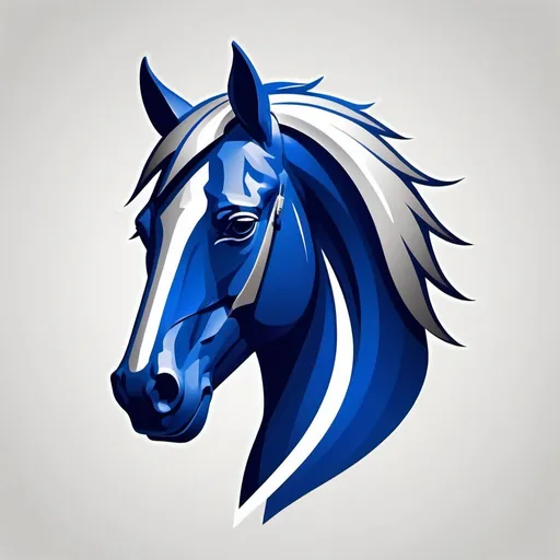 Prompt: Create a sleek, modern depiction of a maverick's horse head, focusing on strong lines and a dynamic pose
 logo with the colors royal blue, silver, and white
