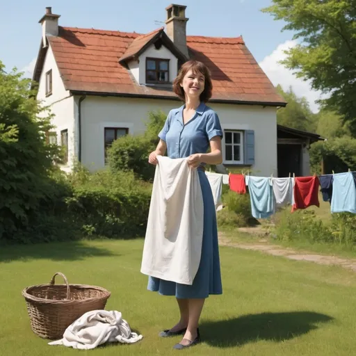 Prompt: comic, 50th woman, side view, collects laundry, large garden, isolated country house