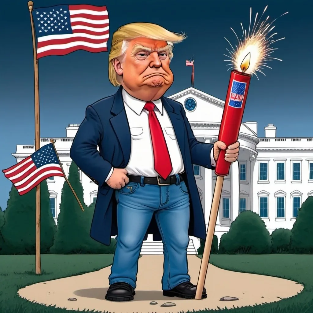 Prompt: a midget trump stands beside the whitehouse holding a roman candle, dressed in blue jeans, a wifebeater and maga hat with the american flag as the background, drawn in the style of american dad