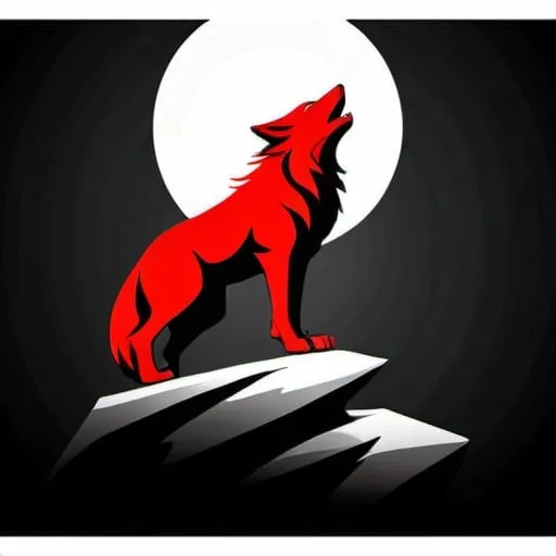 Prompt: The elegant wolf logo showcases the full body silhouette of a majestic wolf standing proudly on a rock against a sleek black background. Its body is depicted with flowing lines, exuding grace and strength in equal measure. The wolf's eyes are a striking shade of red, adding a touch of intensity to the design. Surrounding the wolf is a minimalist circle, divided into halves of vibrant yellow and bold red, framing the creature with sophistication and style.
