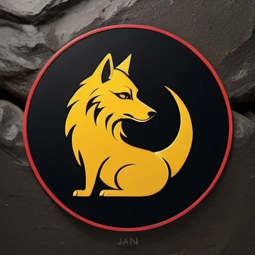 Prompt: The elegant wolf logo features the full complete body silhouette of a majestic brown wolf standing proudly on a rock against a sleek black background. Its form is depicted with flowing lines, exuding both grace and strength. The wolf's eyes, glowing a captivating shade of yellow, add an enchanting intensity to the design. Surrounding the wolf is a minimalist circle, divided into halves of vibrant yellow and bold red, framing the creature with sophistication and style. Beside the circle, "Anwar Jan 1990" is elegantly inscribed, with the "Anwar" in a bold font and "Jan 1990" in a smaller, elegant script, completing the composition with a personalized touch.


