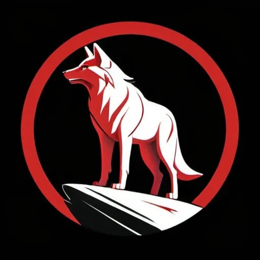 Prompt: The elegant Brown wolf logo showcases the full body silhouette of a majestic brown wolf standing proudly on a rock against a sleek black background. Its body is depicted with flowing lines, exuding grace and strength in equal measure. The wolf's eyes are a striking shade of red, adding a touch of intensity to the design. Surrounding the wolf is a minimalist circle, divided into halves of vibrant yellow and bold red and white, framing the creature with sophistication and style. with yellow eyes