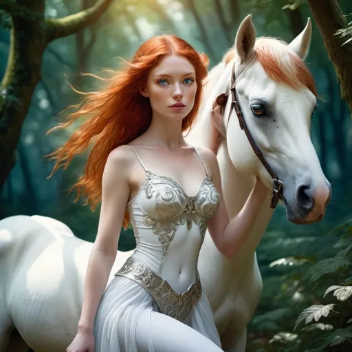 Prompt: Gorgeous  (red-headed centaur woman) with pure white horse body and pale white upper human torso, captivating and mystical aura, vibrant red hair flowing, soft pale skin glistening, enchanting deep blue eyes, elegant and confident pose, fantasy forest background with dense foliage and dappled sunlight, ethereal atmosphere, intricate detailed artwork, rich color palette with contrasting warm and cool tones, highly detailed, 4K quality, fantasy artwork masterpiece.