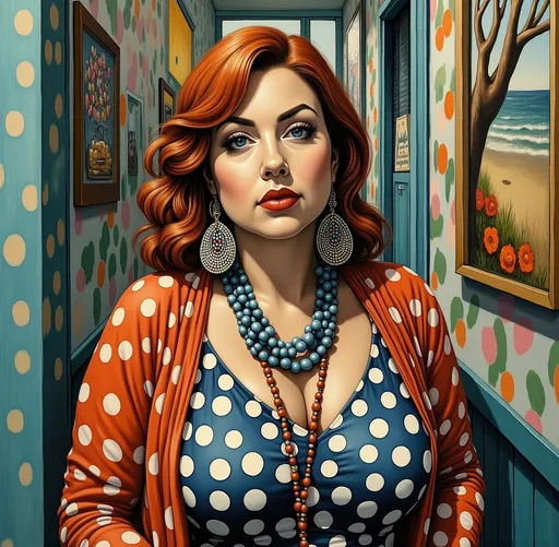 Prompt: please make woman older around 50 years old, plus size, with facial lines, long red
 hair,  pair of earrings hanging from a tree branch on a wall with a branch in the background and a wallpaper with a tree branch, Craola, cloisonnism, beautiful detailed, a photorealistic painting, bright greens and blues, coastal vintage