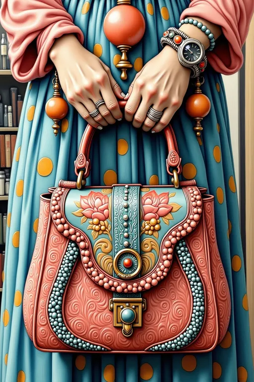 Prompt: elaborate handbag , pink and aqua tones, Craola, cloisonnism, beautiful detailed, a photorealistic painting