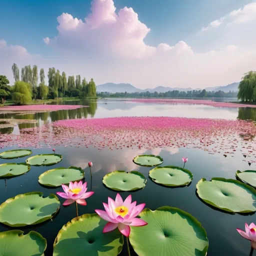 Prompt: 
A large artificial lake, the lake surface is as smooth as a mirror, reflecting the sky and floating white clouds. The morning sunlight gently shines down, dyeing the water's surface pink and making the scene more sparkling and poetic, just like it came out of a book. Surrounding the lake is a carpet of green grass, dotted with colorful flowers. Outstanding among them are the beautiful lotus flowers, blooming in pink, white and purple colors, decorating the lake more brilliantly along with the large, green lotus leaves stretching out, creating a soft carpet for those flocks of ducks and geese swimming leisurely.