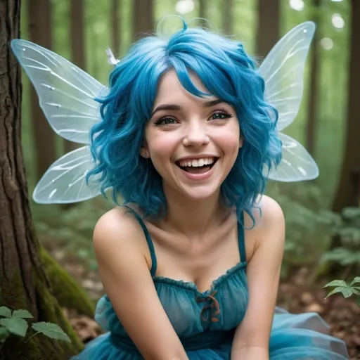 Prompt: Blue haired fairy, cute, laughing in a forest