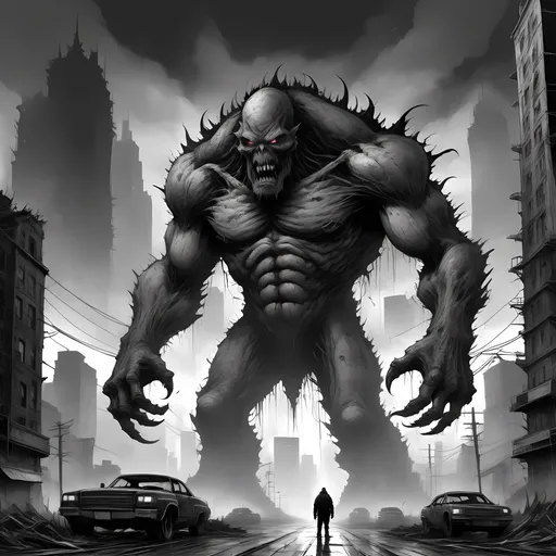 Prompt: Gigantic, colossal, evil monster, towering over city, dark and foreboding atmosphere, high-quality, ultra-detailed, horror, ominous, dark tones, monstrous, destructive, intimidating, city destruction, dramatic lighting, misc-gothic, ominous presence, urban setting, detailed shadows, atmospheric, towering figure, apocalyptic