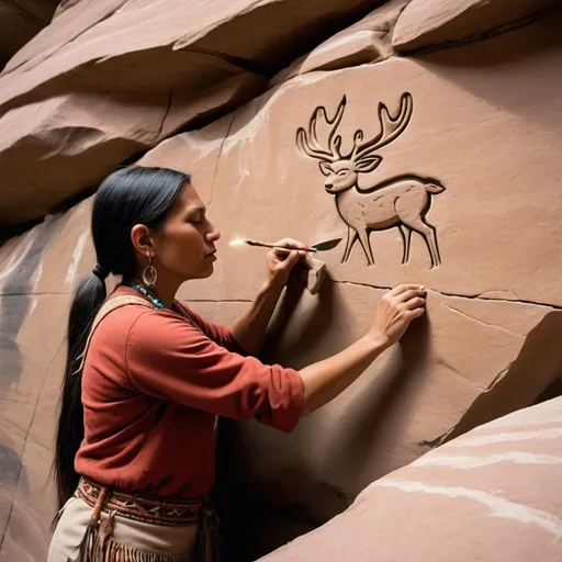 Prompt: A realistic Native American Woman carving a petroglyph of a deer in a sandstone cliff wall.