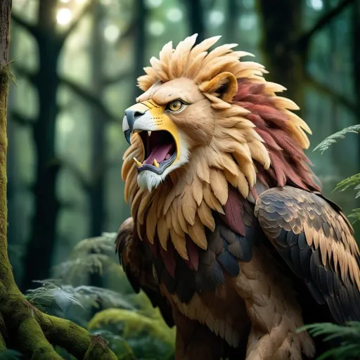 Prompt: Eagle-lion hybrid in a mystical forest, animal hybrid of an eagle and a lion, mix of lion and eagle, high quality, atmospheric lighting