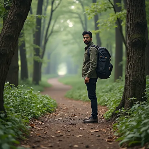 Prompt: a man standing next to a tree on a dirt road in the woods with a backpack on his back, Bholekar Srihari, samikshavad, jayison devadas, a picture