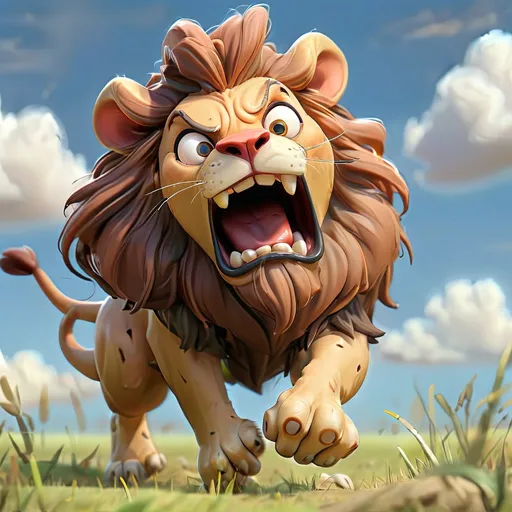 Prompt: A dramatic and slightly humorous scene of a powerful lion sprinting after a tiny mouse across a grassy savanna. The lion looks fierce and determined, mid-pounce with its mane flowing in the wind, while the mouse appears comically terrified, running on its hind legs. The background shows a wide open savanna landscape under a bright blue sky with scattered clouds. Motion blur adds a sense of speed and urgency. The scene is dynamic, with a touch of exaggeration to emphasize the size difference and action.