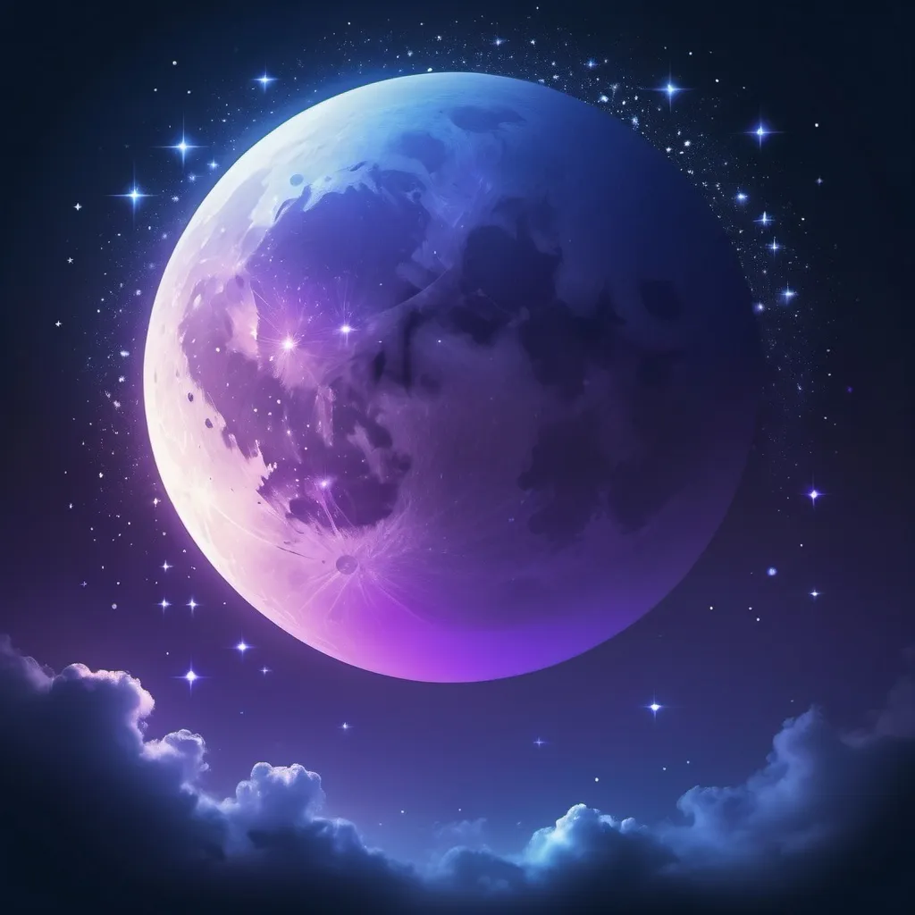 Prompt: Background Gradient: Deep blue to purple gradient.
Moon: Glowing effect on a light-colored circle.
Stars: Small, scattered stars with varying sizes.
Optional: Mist or cloud effects for added depth.
