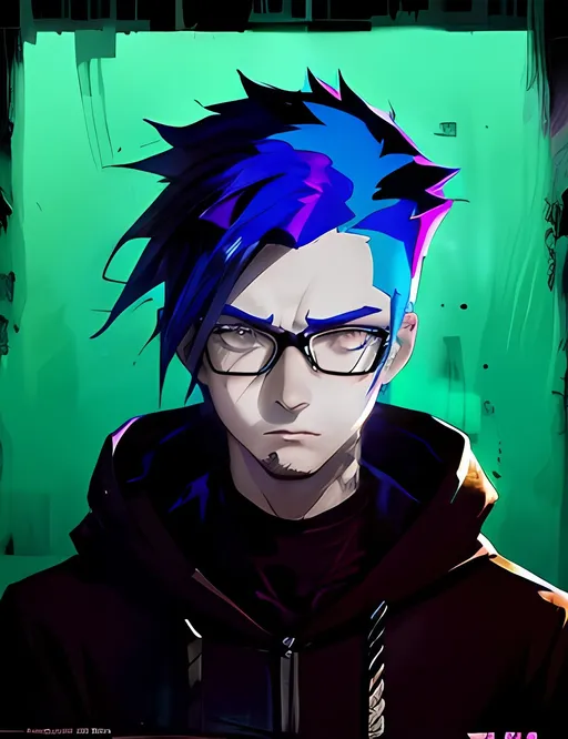 Prompt: Character portrait of hot young adult rayonism style, man with glasses, black hoodie with blue hair, detailed facial features, intense expression, vibrant colors, high contrast, textured brush strokes, professional illustration, moody lighting, high quality, rayonism, character portrait, detailed glasses, vibrant colors, intense expression, textured style, moody lighting, highres, professional, high contrast