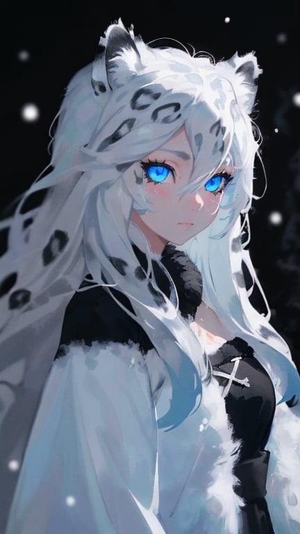 Prompt: girl, white snow leopard, black background, closed mouth, depth of field, facial mark, fur trim, long hair, looking at viewer, snowy background, solo, whiskers, icy Blue eyes.