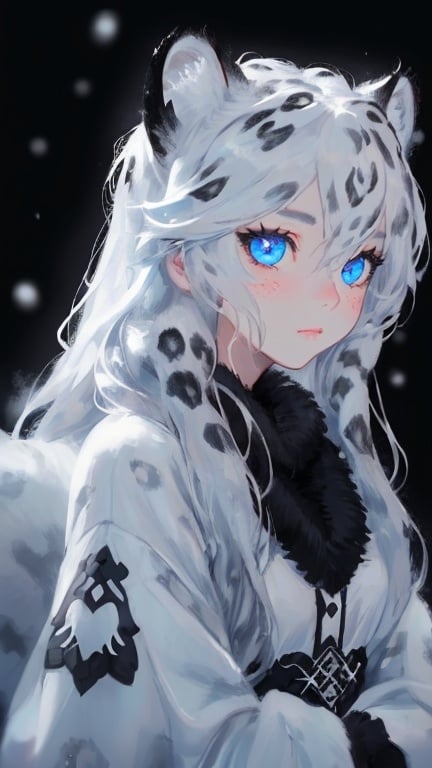 Prompt: girl, white snow leopard, black background, closed mouth, depth of field, facial mark, fur trim, long hair, looking at viewer, snowy background, solo, whiskers, icy Blue eyes.