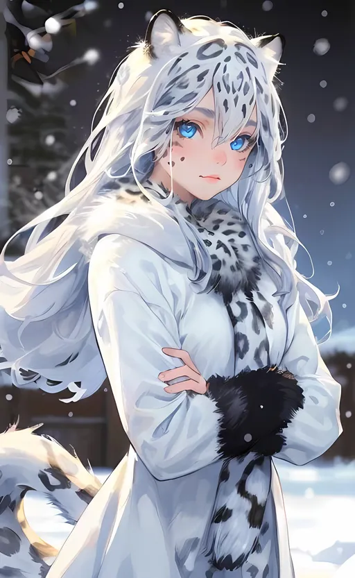 Prompt: girl, white snow leopard, Snowy background, closed mouth, depth of field, facial mark, fur trim, long hair, looking at viewer, snowy background, solo, whiskers, icy Blue eyes, leopard tail