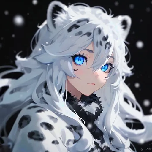 Prompt: girl, white snow leopard, black background, closed mouth, depth of field, facial mark, fur trim, long hair, looking at viewer, snowy background, solo, whiskers, icy Blue eyes.