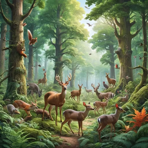 Prompt: A vibrant, dense forest with tall trees and lush greenery, filled with various animals like deer, birds, and squirrels.