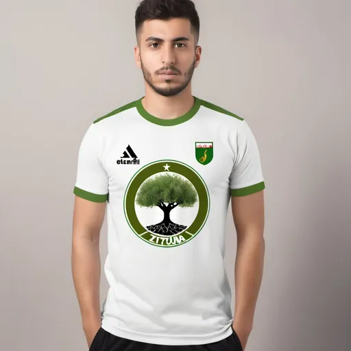 Prompt: soccer t shirt of a team named zitouna takaful white green and the theme is olive tree and olive branch