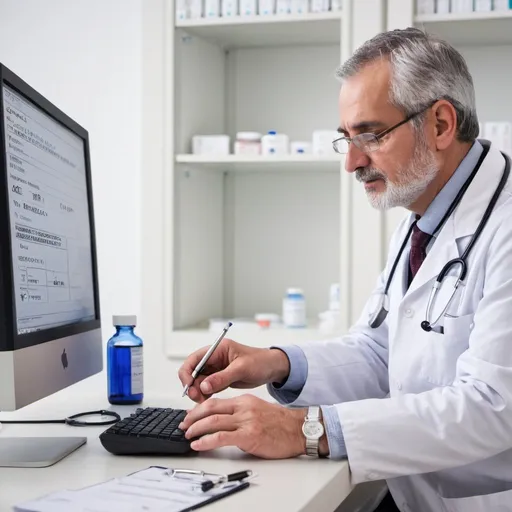 Prompt: doctor prescribing medicines to patientusing a computer