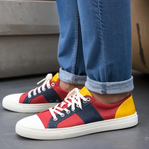 Prompt: Design casual sneakers made of recycled rubber and fabric with wax.