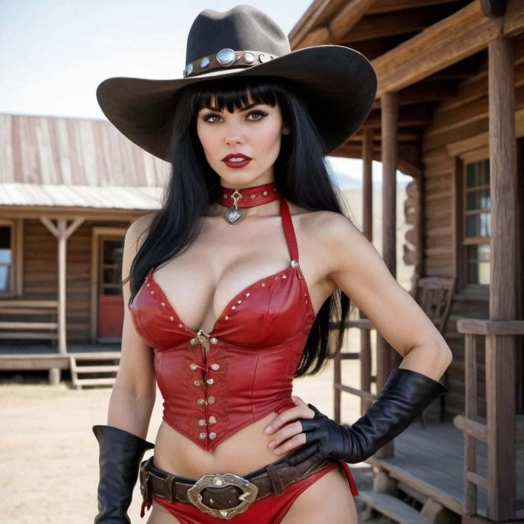 Prompt: Vampirella as a madame in a western cowboy movie
