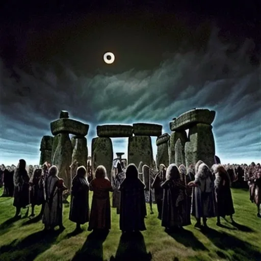 Prompt: a small group of picts and Druids  in 1534 at Stonehenge celebrating the eclipse. Very dramatic. Very detailed. very mystical. Make Stonehenge the actual size... use photo as a reference guide. photo-realistic