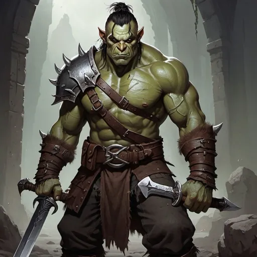 Prompt: Half orc holding a great sword
