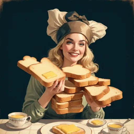 Prompt: Blonde Woman enjoying stacks of toast and butter, vintage-style illustration, warm tones, cozy atmosphere, retro fashion, detailed curls, classic kitchen setting, buttery golden lighting, high quality, vintage illustration, warm tones, cozy atmosphere, retro fashion, vintage style, detailed curls, classic kitchen setting, buttery golden lighting, nostalgic vibes, rustic, soft focus, mad-hatter's tea party