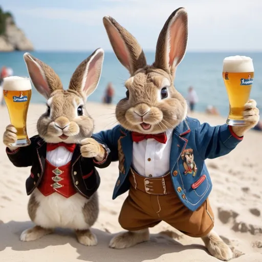 Prompt: In the foreground, two adorable rabbits are making party in Mallorca at the beach. Please involve some typical characteristics from Mallorca. The two rabbits appear to be dancing joyfully together. And they also look like pretty drunken. Both rabbits are sporting a traditional Bavarian Lederhosen and they are holding an Augustiner beer in the hand. One rabbit is wearing a jacket in a Bavarian style. The other rabbit is wearing a jacket in a Tyrolean style. In the background you can see some other rabbits which are also celebrating.